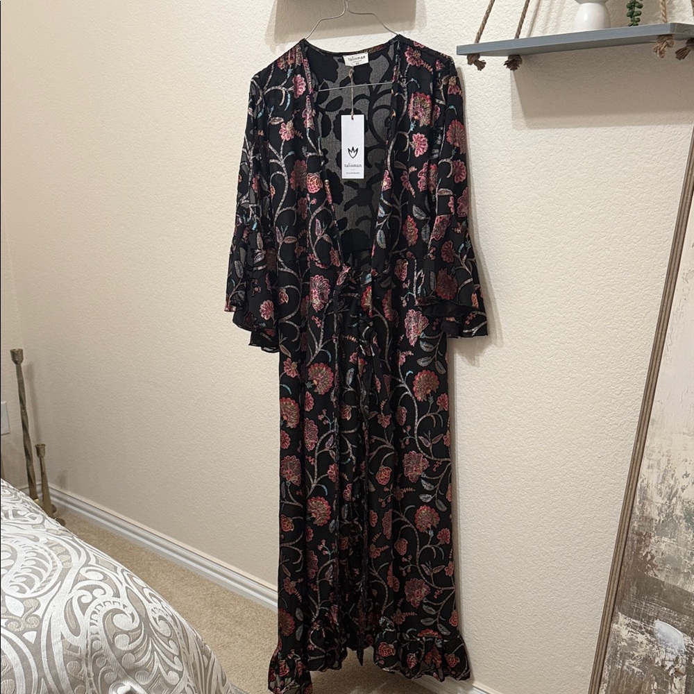 Elegant Black and Pink Floral Long Sleeve Dress
